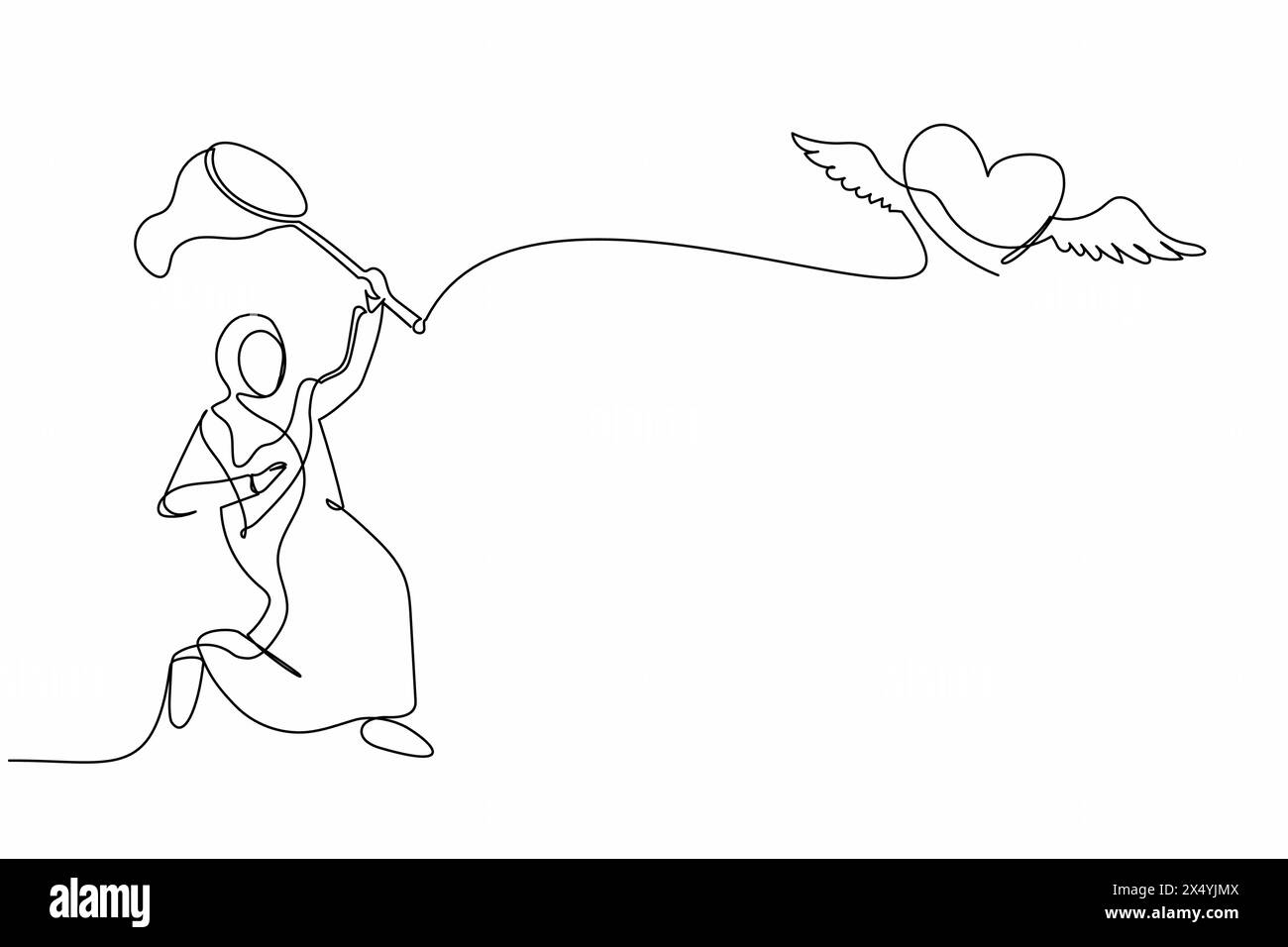 Una sola linea che disegna una donna d'affari araba cerca di catturare il cuore volante con la rete a farfalla. Concetto di rottura. Una relazione che non può essere continuata. Illustrazione Vettoriale