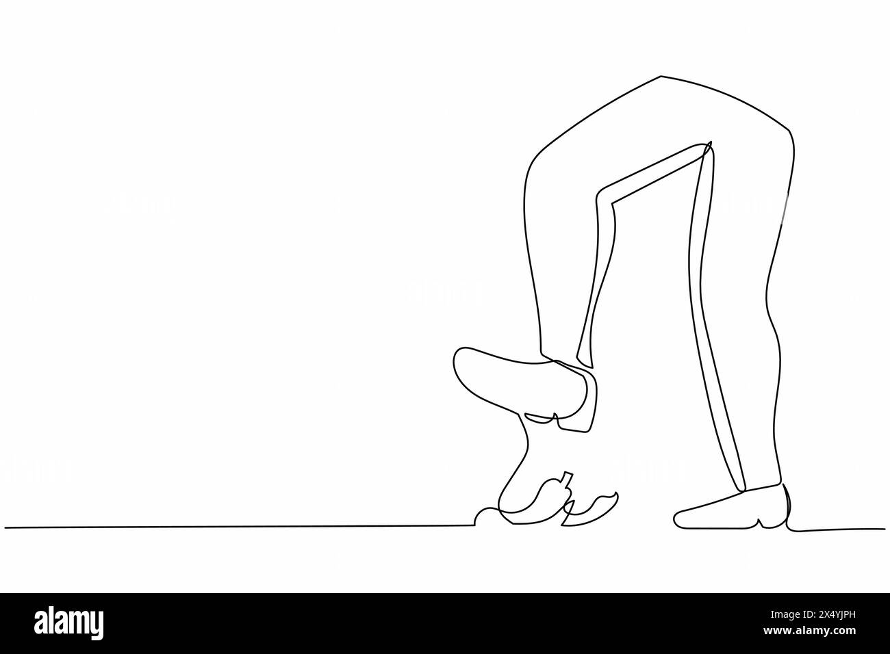 Una linea continua che attira un giovane uomo d'affari con una gamba a buccia di banana. Pericolo imminente, buccia di banana sotto i piedi. Rischio aziendale. Metafo minimo Illustrazione Vettoriale
