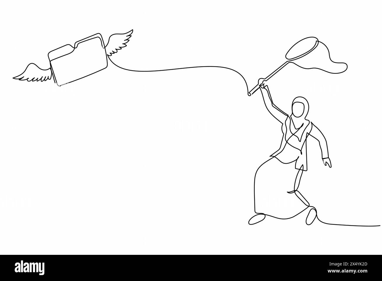 Una linea continua disegnando una donna d'affari araba cercare di catturare cartella volante con la rete farfalla. File di archivio mancante del documento segreto o importante Illustrazione Vettoriale