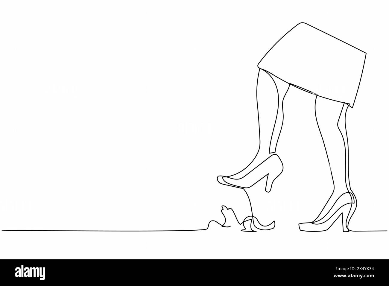 Una linea continua che attira la gamba di una giovane donna d'affari su una buccia di banana. Pericolo imminente, buccia di banana sotto i talloni alti. Metafora minimalista. Singolo Illustrazione Vettoriale