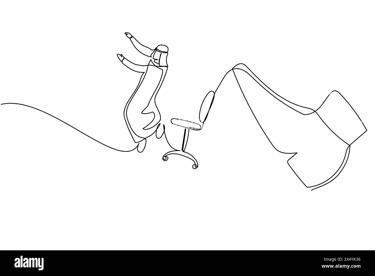 Il disegno di una linea continua non è riuscito, il piccolo imprenditore arabo è stato cacciato con un piede grosso. Il manager si allontana dalla sedia con piedi giganti. Metafora del minimalismo. Illustrazione Vettoriale
