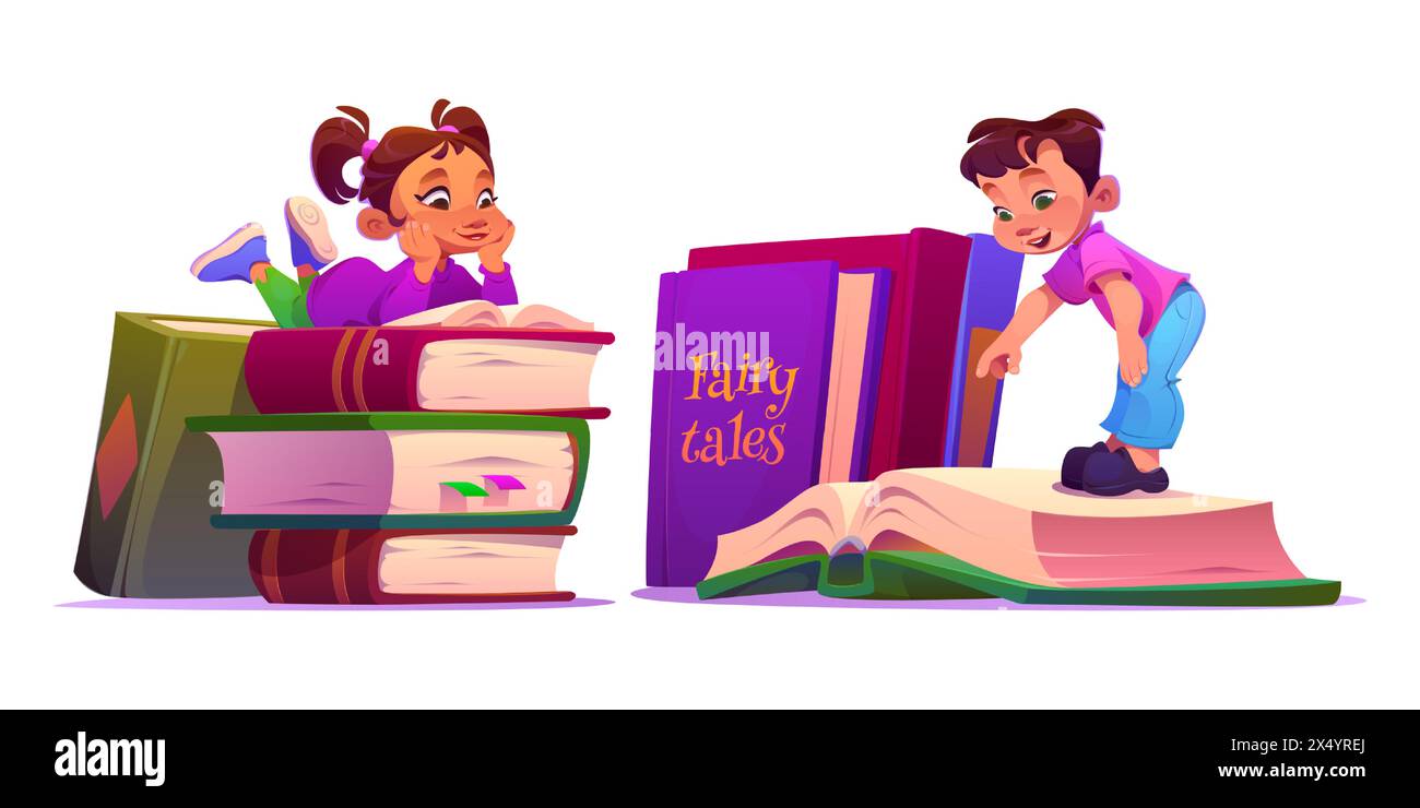 I bambini leggono libri per la scuola o per la biblioteca. Set di illustrazioni vettoriali cartoni animati con bambino e bambina che si stende e si stende su una grande letteratura con coperture rigide. I bambini adorabili studiano o amano i libri di testo. Illustrazione Vettoriale