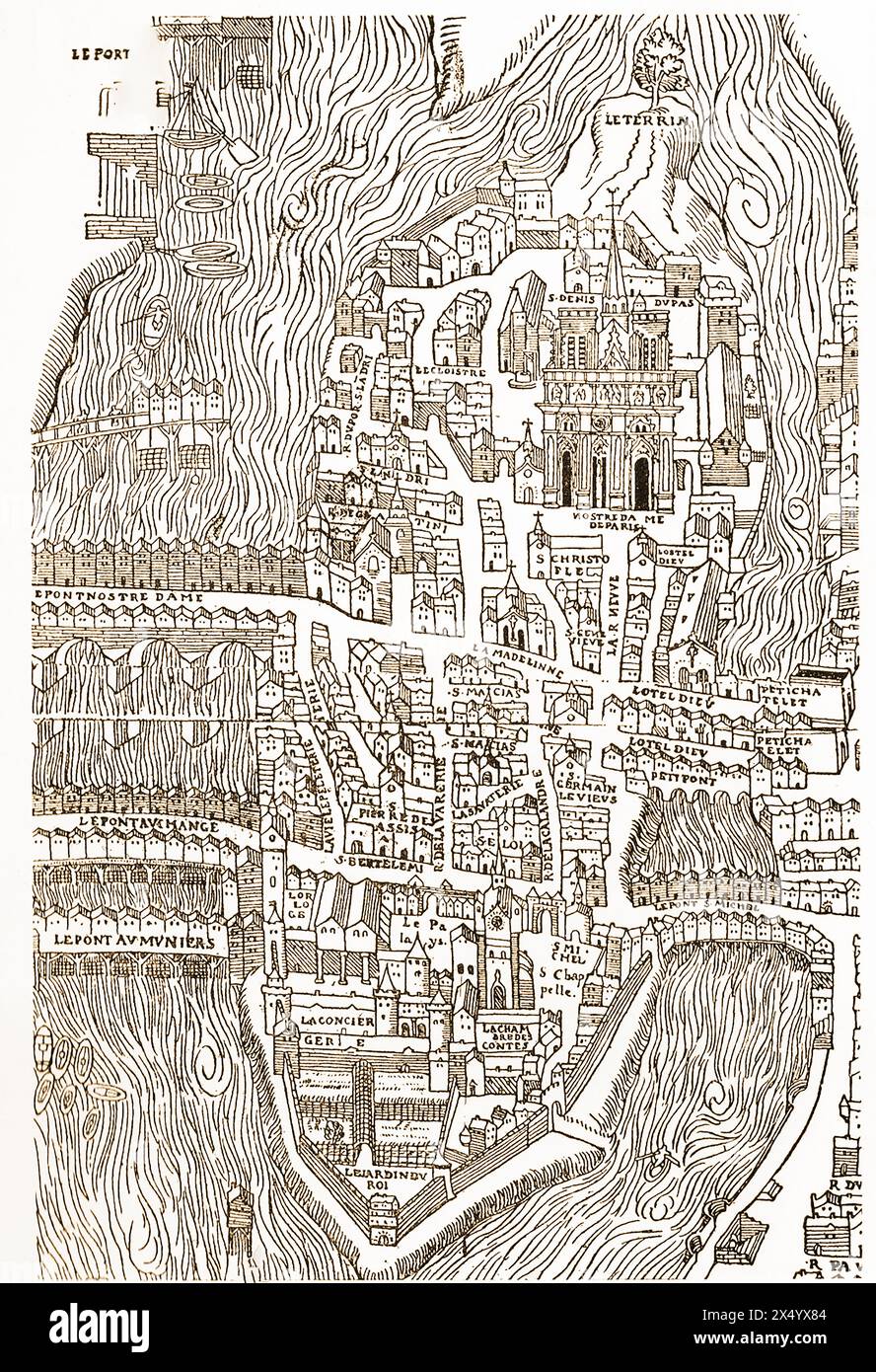 Una vecchia mappa della città di Parigi, Francia a metà del XVI secolo - carte ancienne de la ville de Paris, en France, au milieu du XVIe siècle. - Ein Alter Stadtplan von Paris, Frankreich, aus der Mitte des 16. Jahrhunderts. - Ένας παλιός χάρτης της πόλης του Παρισιού, Γαλλία, στα μέσα του 16ου αιώνα - Foto Stock