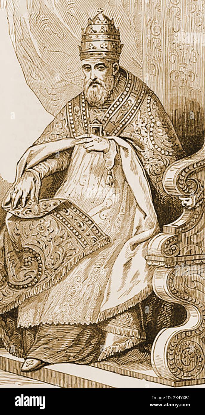 Un'antica incisione del Papa in piena regalia. - Gravure ancienne du pape en costume d'apparat. - Un'antica incisione del Papa in piena regola. - Un antiguo grabado del Papa con sus mejores galas. - Ein Alter Kupferstich des Papstes in vollem Ornat. Foto Stock