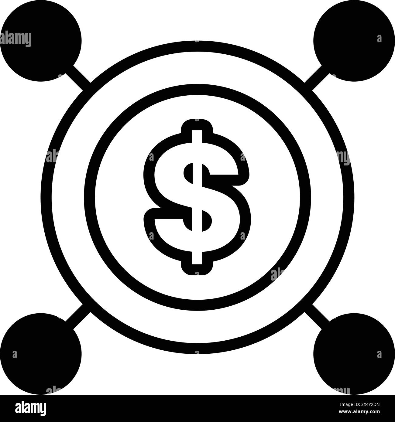 Un'immagine in bianco e nero del simbolo del dollaro con un cerchio intorno. Il simbolo del dollaro è circondato da una serie di cerchi più piccoli, che potrebbero rappresentare Illustrazione Vettoriale