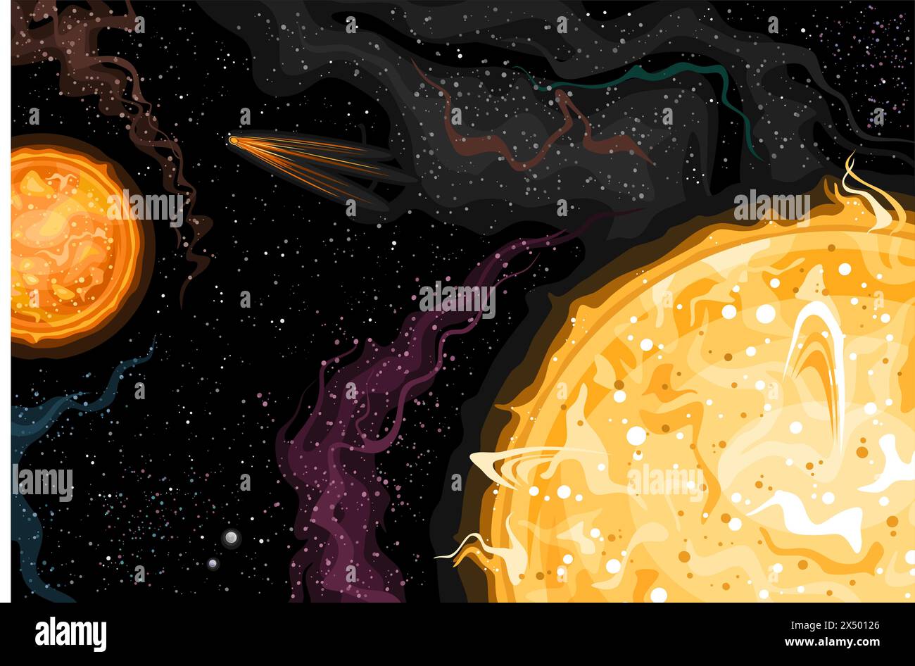 Vector Fantasy Space Card, poster astronomico orizzontale con disegno a cartoni animati sistema di stelle binarie pallido orangish e cometa volante nello spazio profondo, decorato Illustrazione Vettoriale