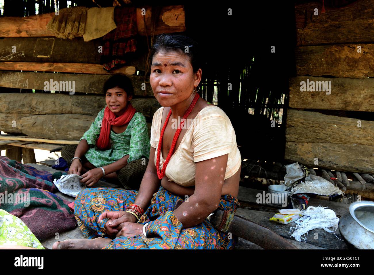 I Totos sono una delle comunità più primitive al mondo e questo gruppo tribale isolato risiede solo a Totopara, ai piedi dell'Himalaya, appena al confine tra Bengala Occidentale e Bhutan. I totos vivono in capanne di bambù sopraelevate, sollevate su machas (piattaforme rialzate), e hanno paglia. Il nome Totopara deriva dalla comunità toto e dal luogo situato ai margini del Jaldapara Wildlife Sanctuary. Toto Para, Jalpaiguri, Bengala Occidentale, India. Foto Stock