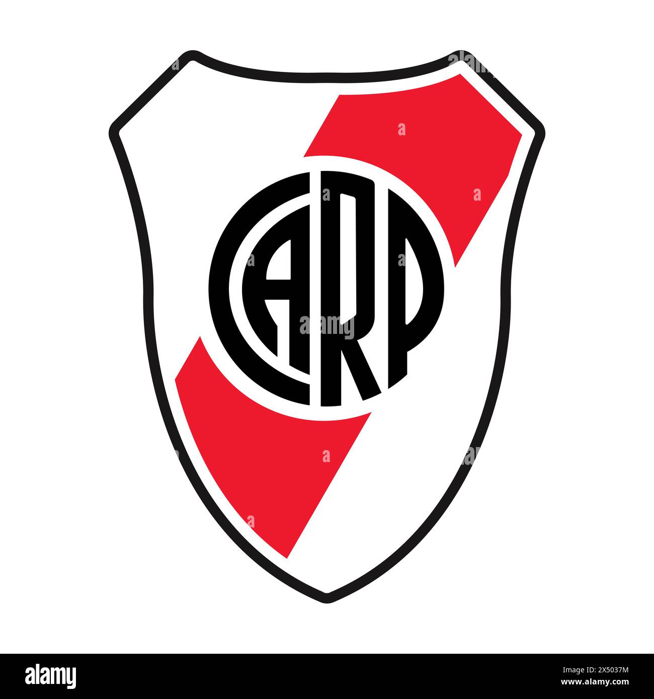 Emblema del River Plate FC sullo sfondo rosso e bianco. Storico club di calcio, orgoglio argentino, emblema. Editoriale. Illustrazione Vettoriale