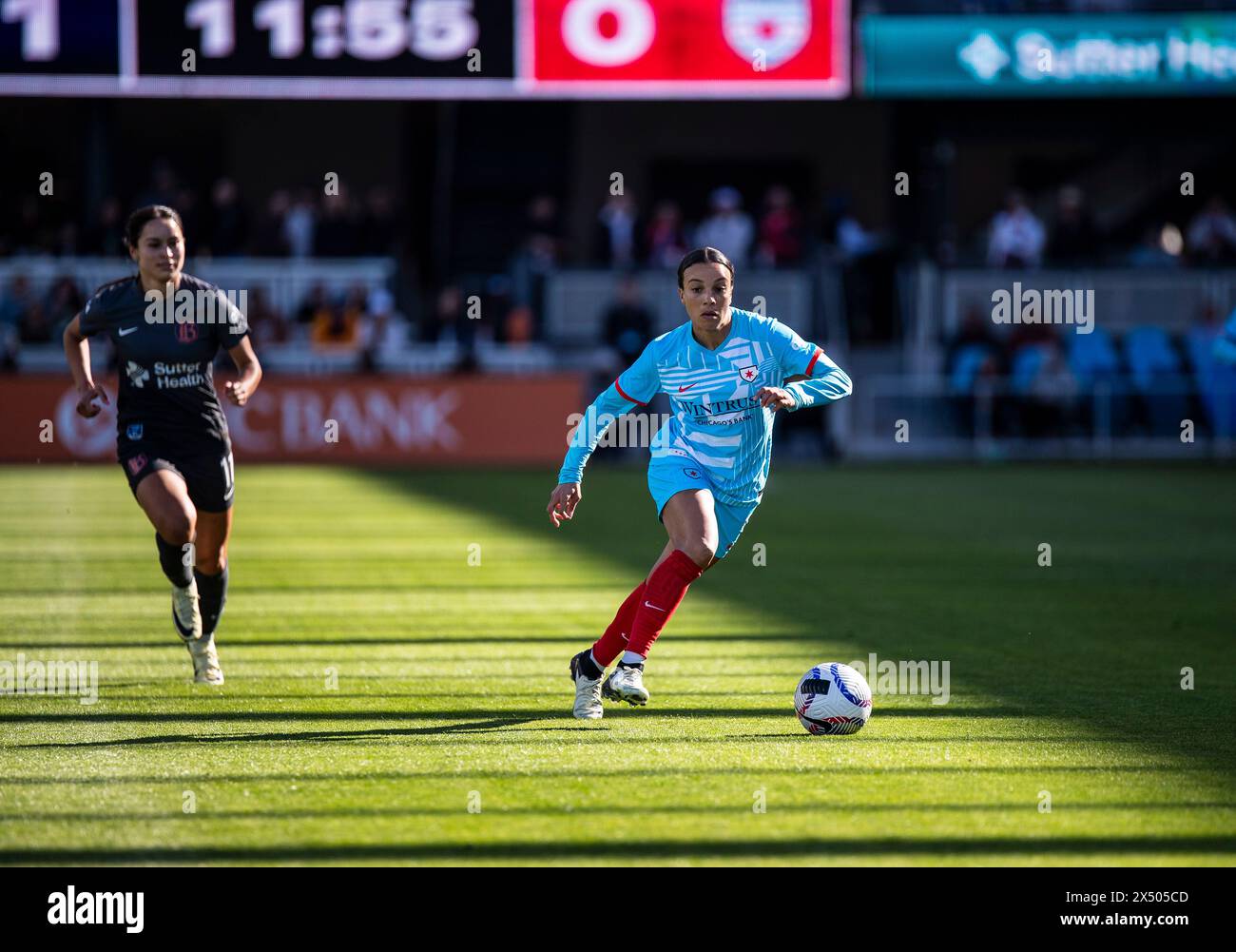 5 maggio 2024 San Jose, CA USA, l'attaccante dei Chicago Red Stars Mallory Swanson (9) calcia il campo di pallone durante la partita della NWSL tra Chicago Red Star e Bay FC. Chicago ha battuto il Bay FC 2-1 al Pay Pal Park San Jose California. Thurman James/CSM Foto Stock