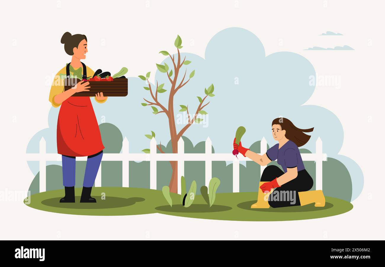 Le persone che lavorano in giardino, coltivano alberi in cortile Illustrazione Vettoriale