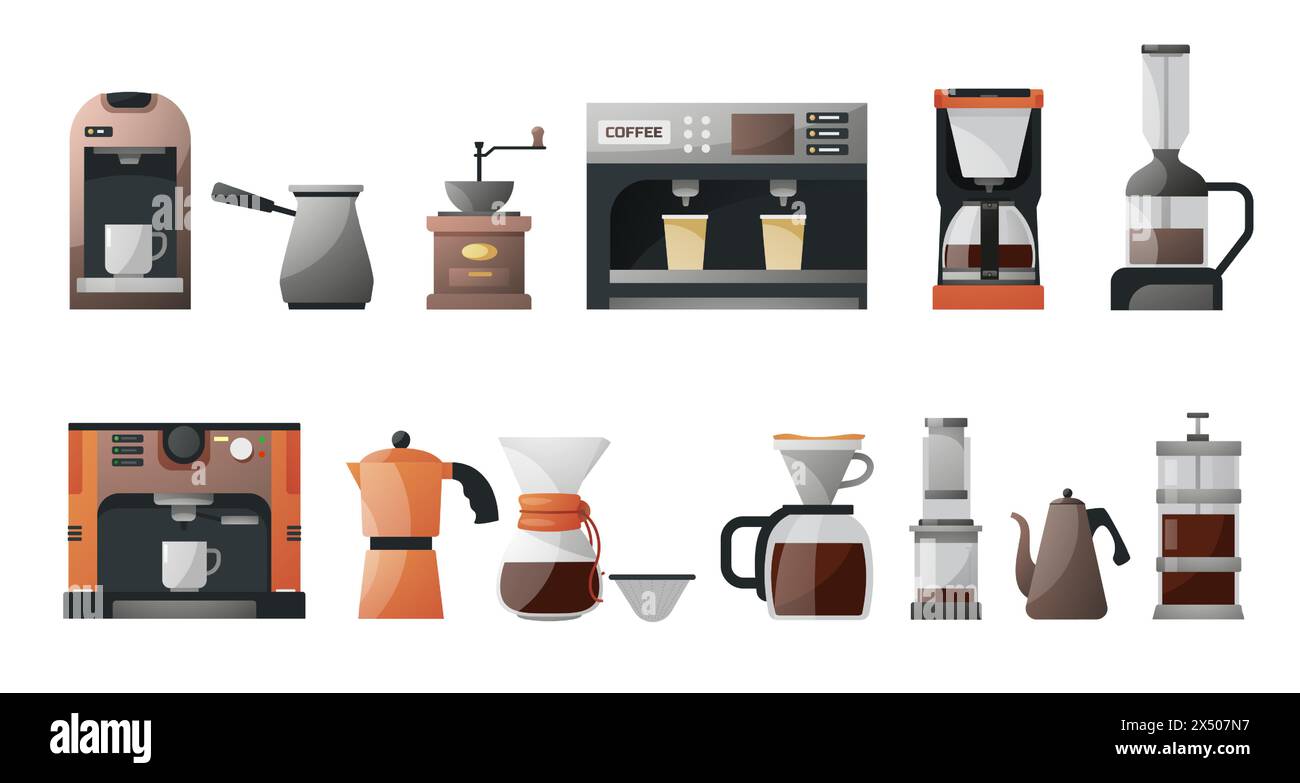 Dispositivi per la preparazione del caffè. Versare la macchina per il caffè all'americana, french press, caffettiera turca, macinacaffè, tazza di caffè. Apparecchiature Vector Coffee House Illustrazione Vettoriale