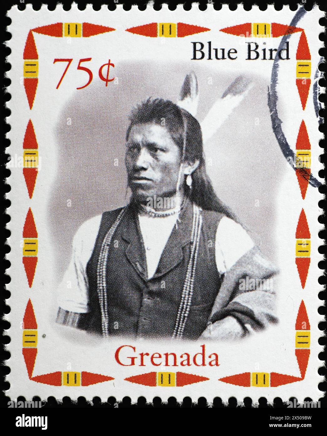 Capo indiano Blue Bird sul francobollo di Grenada Foto Stock