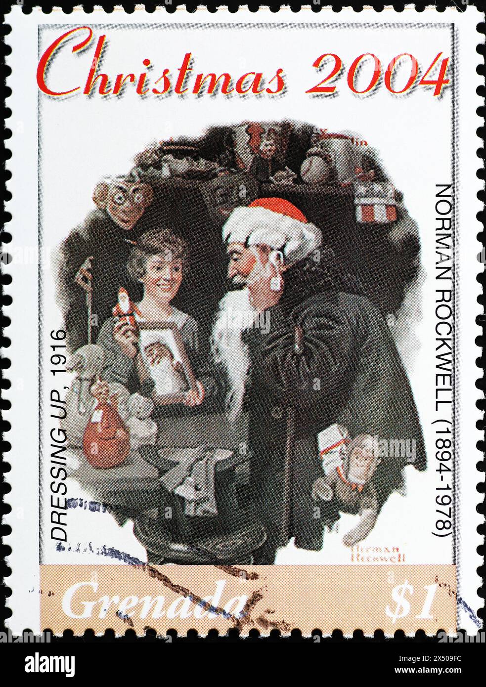 Uomo che veste Babbo Natale di Norman Rockwell su francobollo Foto Stock