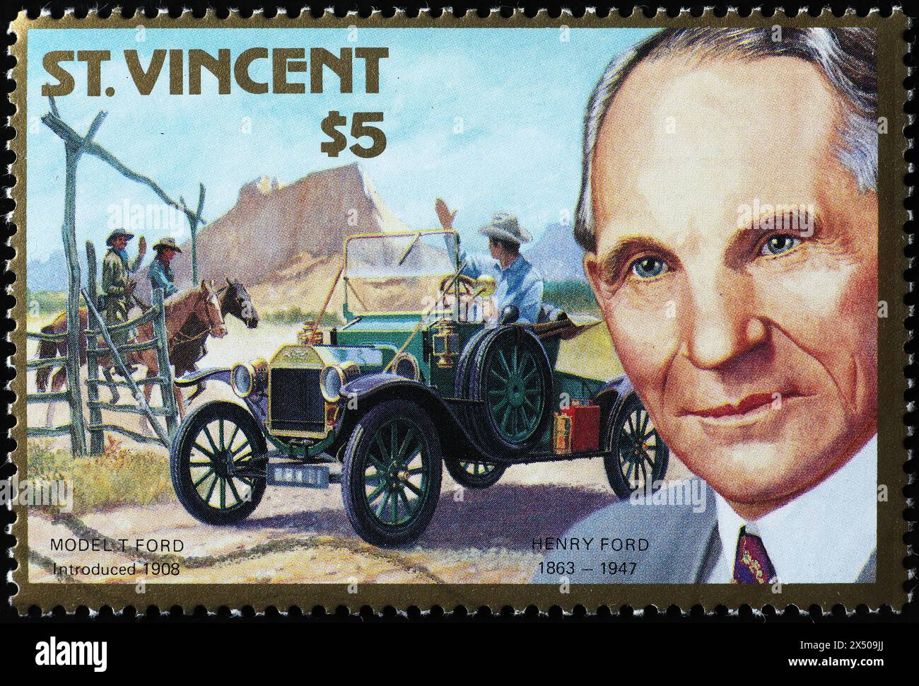 La vecchia Ford Model T si muoveva al posto dei cavalli con il francobollo Foto Stock