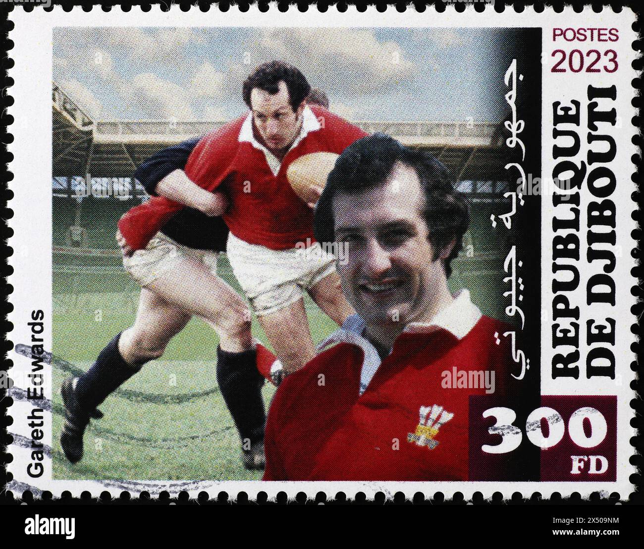 Il calciatore di rugby Gareth Edwards sul francobollo inglese Foto Stock Il calciatore di rugby Gareth Edwards sul francobollo inglese Foto Stock