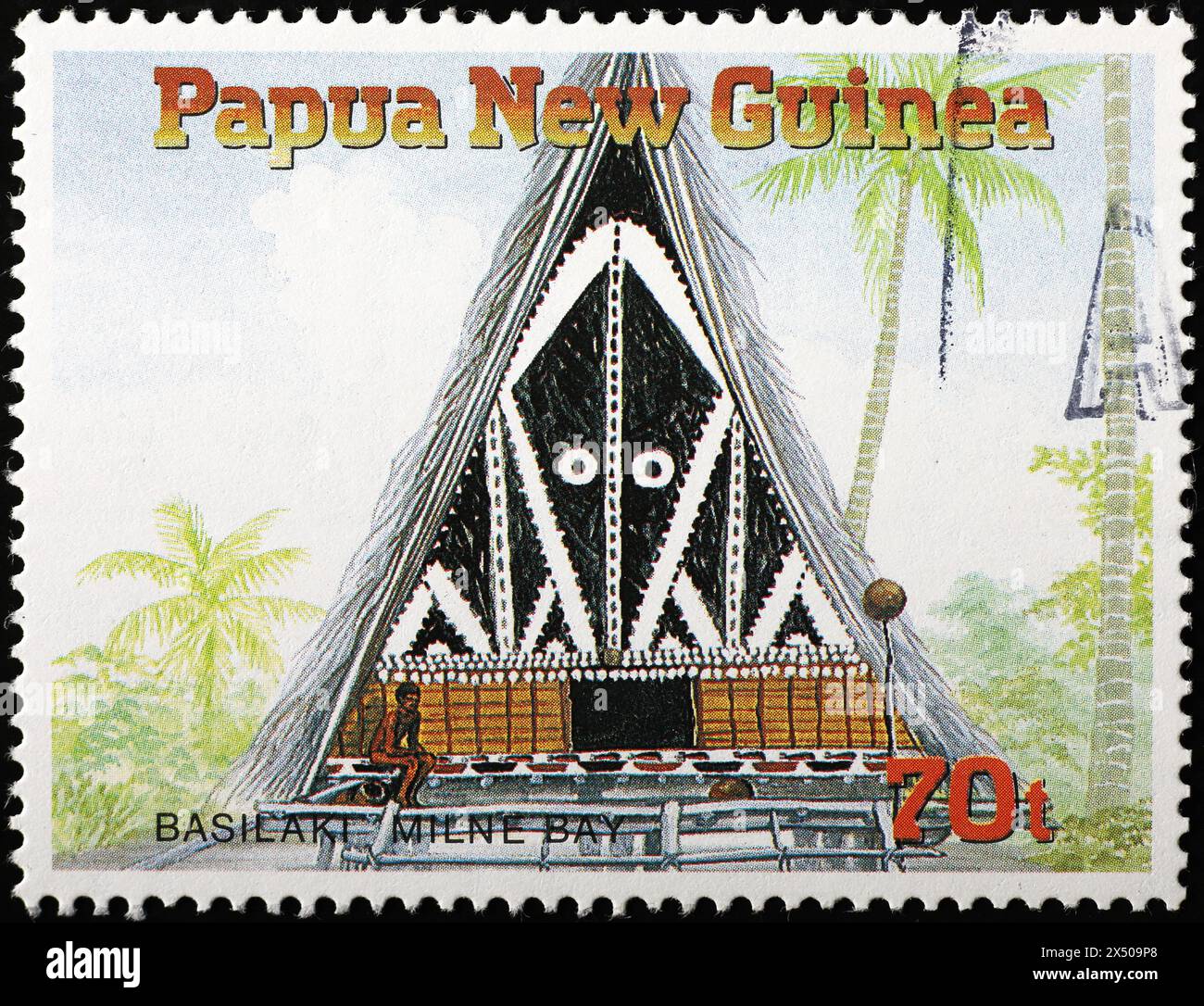 Capanna tradizionale di nativi in Papua nuova Guinea su francobollo Foto Stock