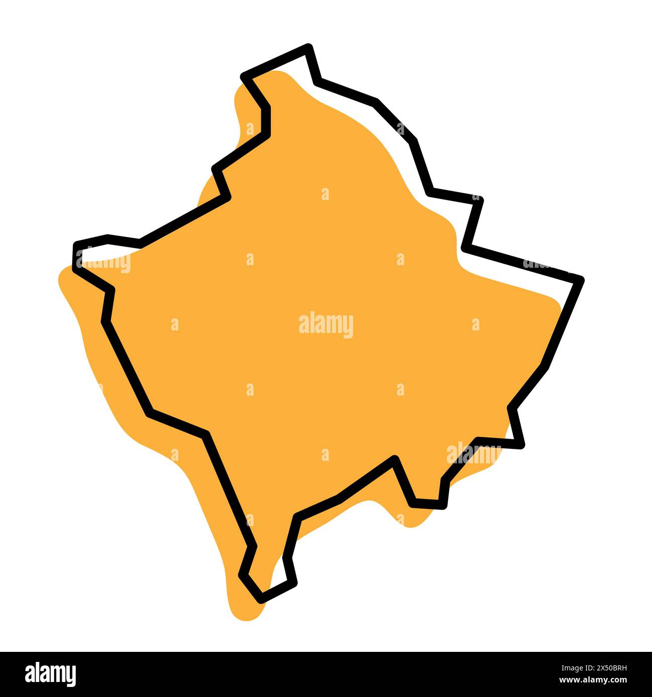Mappa semplificata del paese del Kosovo. Silhouette arancione con contorni netti neri spessi isolati su sfondo bianco. Semplice icona vettoriale Illustrazione Vettoriale