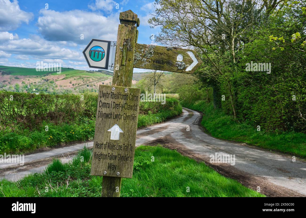 Glyndwr's Way e l'incrocio Heart of Wales Line Trail vicino a Garth Hill, Knighton, Powys, Galles Foto Stock