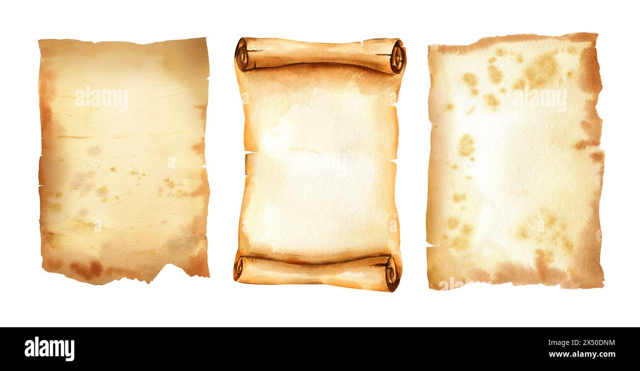 set di vecchi fogli di carta marrone acquerello, antica carta beige testurizzata vintage, pergamene per illustrazioni con bordi e macchie strappati e arrotolati, hori Foto Stock