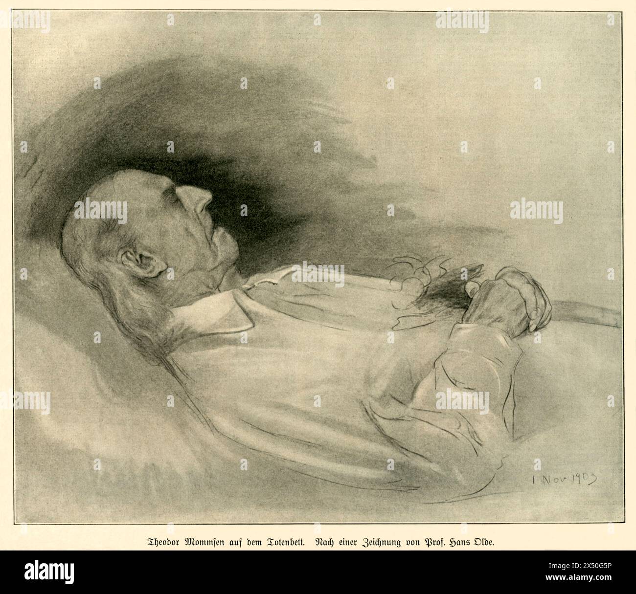 Theodor Mommsen sul suo letto di morte, Germania, Schleswig-Holstein, Garding, dopo un disegno di Hans Olde, IL COPYRIGHT DELL'ARTISTA NON DEVE ESSERE CANCELLATO Foto Stock