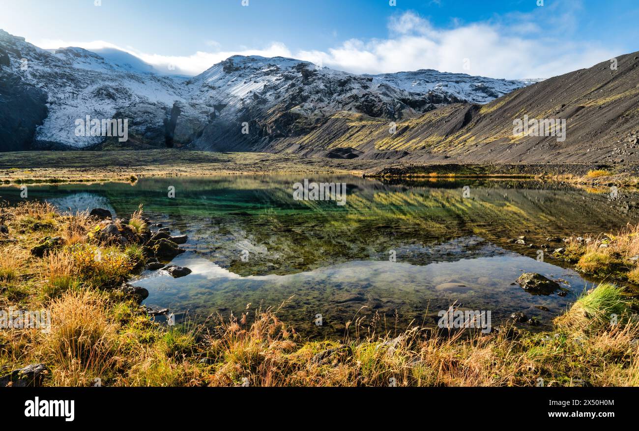 Ghiacciai Eyjatjallajokull e Gigjokull nel Katla Geopark, Islanda meridionale, Islanda Foto Stock