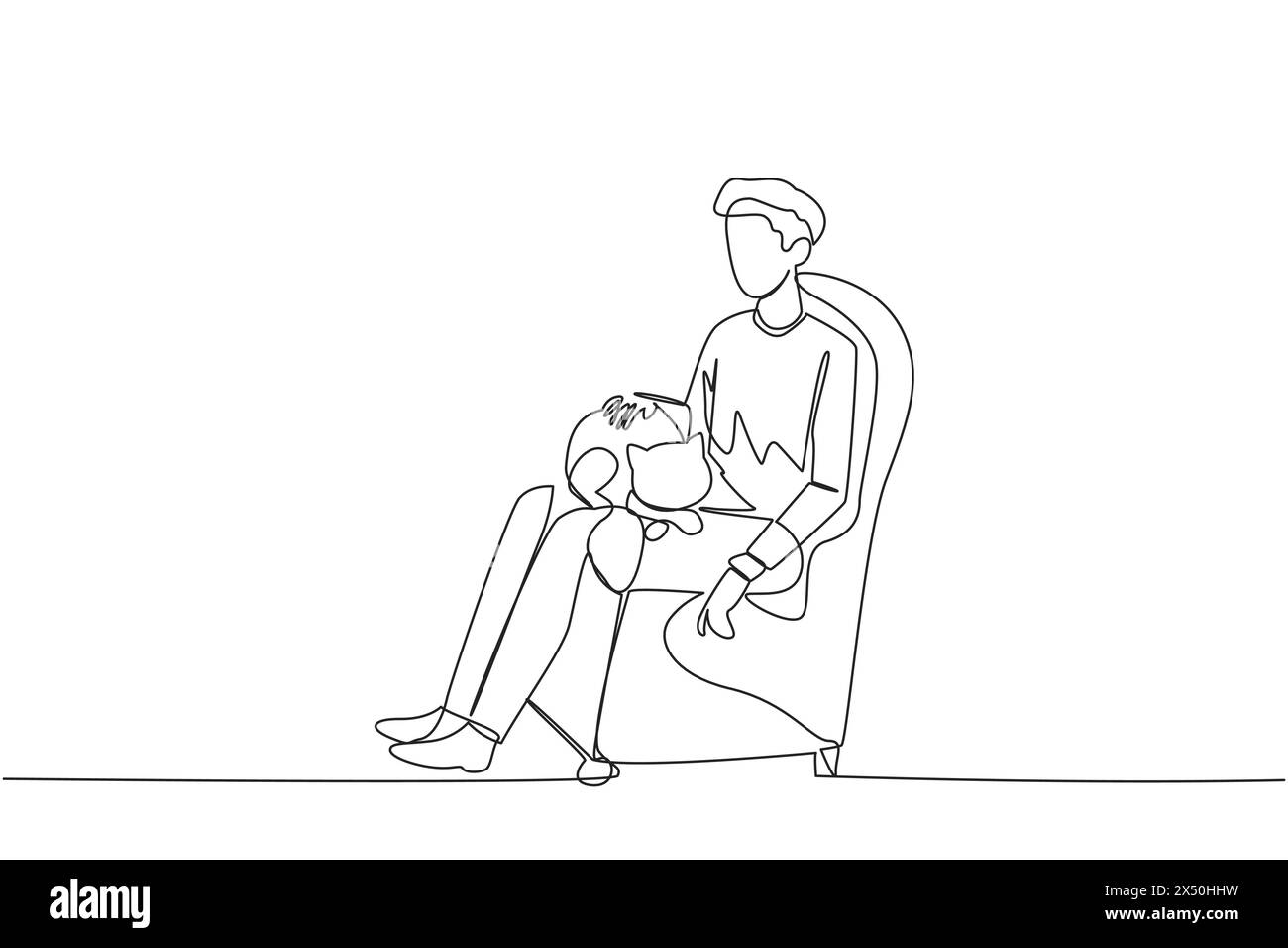 Un unico disegno continuo di un giovane uomo seduto sul divano che abbraccia un gatto in grembo. Giovane che accarezza un gatto carino per dormire. Amichevole con Illustrazione Vettoriale