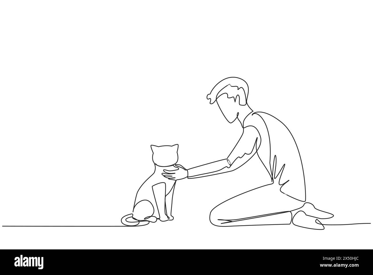 Un unico disegno continuo di un giovane energico uomo inginocchiato mentre accarezzava il suo amato gatto. Toccare il collo. Amante degli animali. Prendersi cura dei piccoli gatti wi Illustrazione Vettoriale