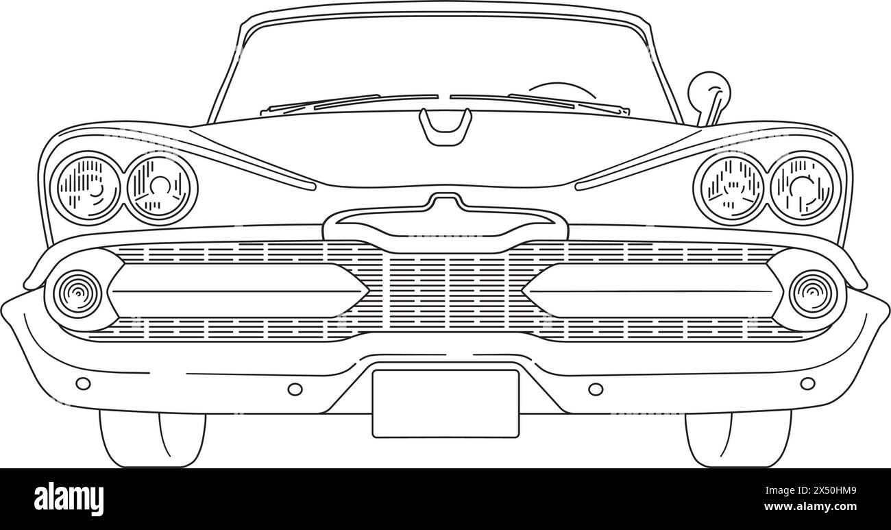 Vista frontale di un'auto americana d'epoca della fine degli anni '1950, illustrazione vettoriale di line art Illustrazione Vettoriale