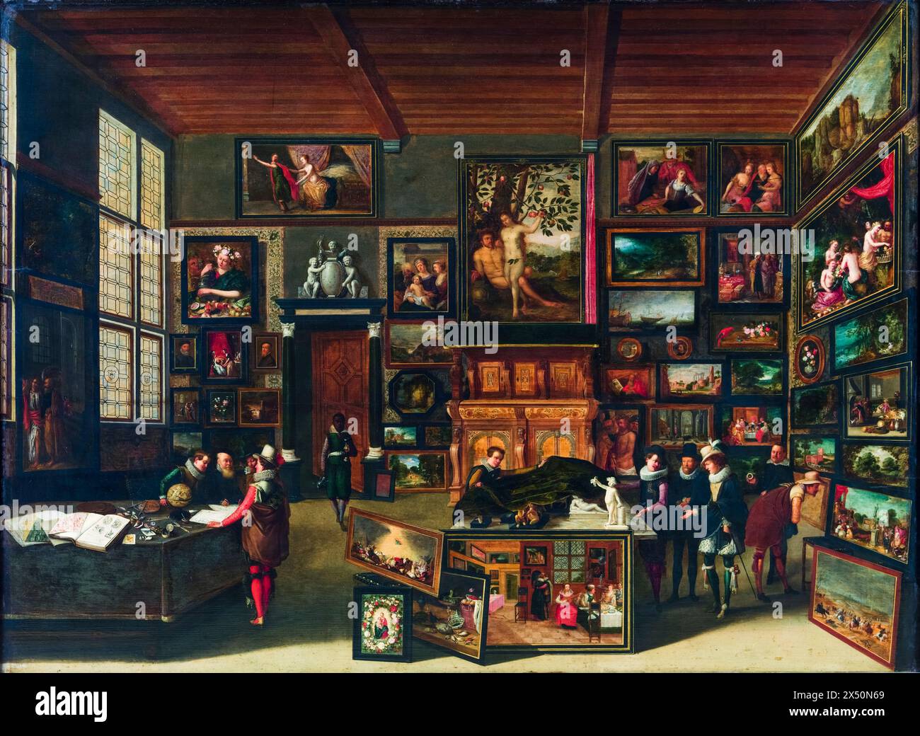 Hieronymus Francken il giovane (attribuito), il Gabinetto del collezionista, dipinto a olio su legno, 1621 Foto Stock