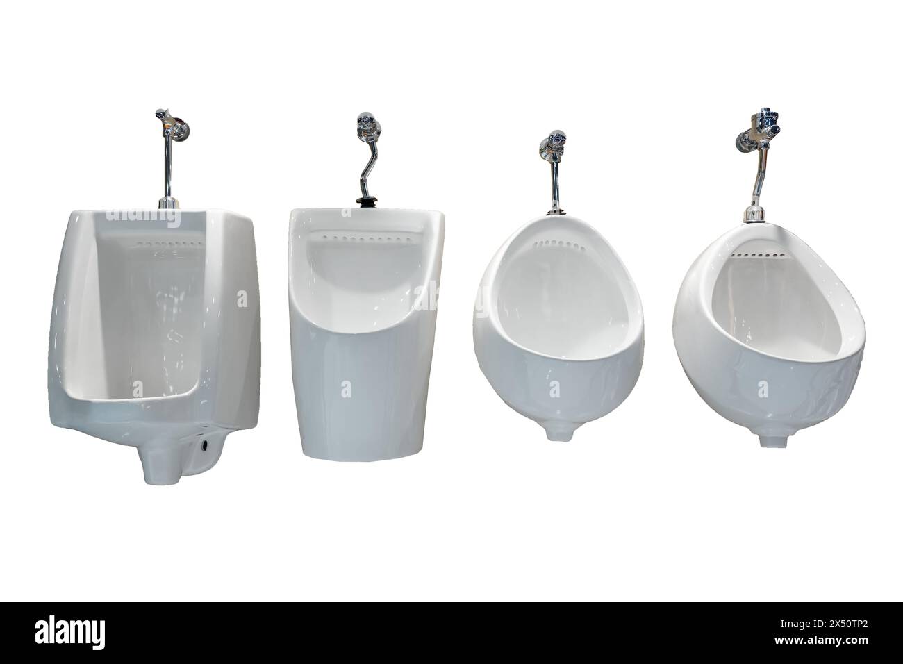 Esposizione di campioni di ciotole per urina in fila isolate su sfondo bianco. Moderno prodotto igienico-sanitario per l'igiene. Foto Stock