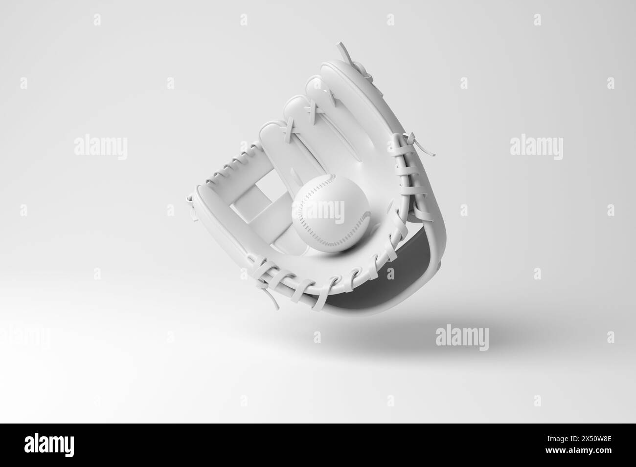Guanto sportivo in pelle bianca che regge una palla da baseball galleggiante a mezz'aria in monocromia e minimalista. Giochi di palla, sport, tempo libero, hobby e competizione Foto Stock