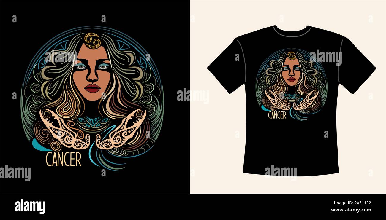 T-shirt grafica con il segno zodiacale del cancro. Illustrazione Vettoriale