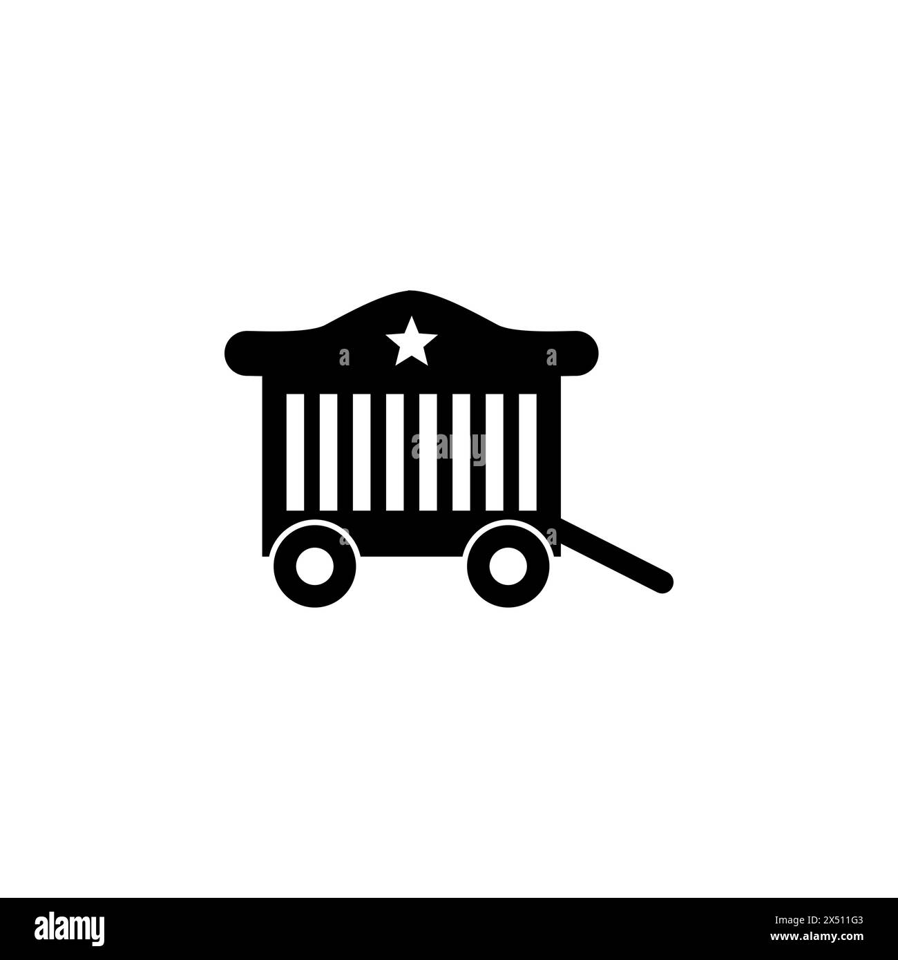 Icona vettore piatto rimorchio circo. Simbolo solido semplice isolato su sfondo bianco. Modello di progettazione della firma del trailer del circo per l'elemento dell'interfaccia utente Web e mobile Illustrazione Vettoriale