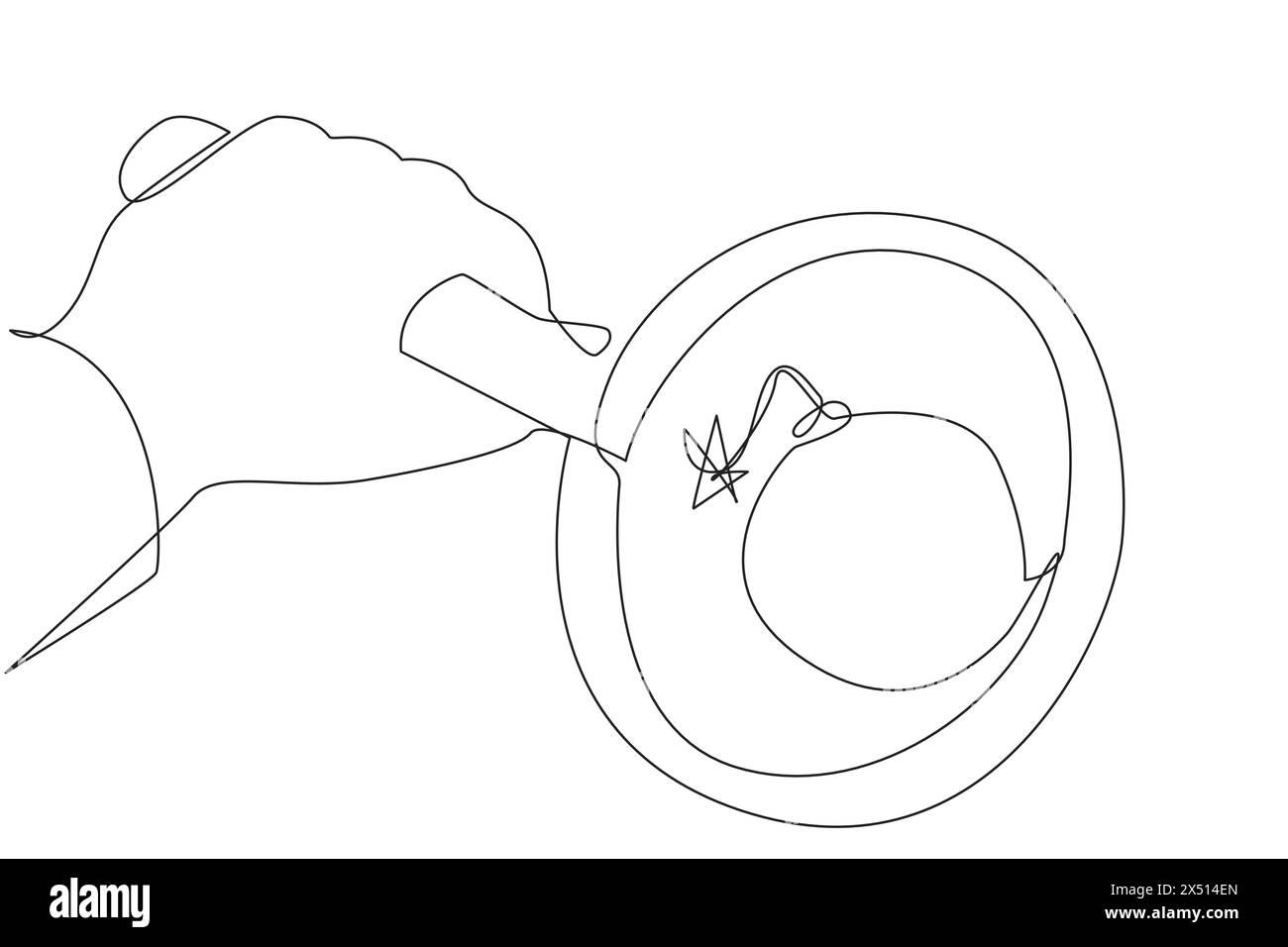 Una linea continua che disegna una grande mano tenendo in mano una lente d'ingrandimento che mette in evidenza la bomba con un fusibile bruciato. Concetto di mancanza di sicurezza può essere pericoloso per sur Illustrazione Vettoriale