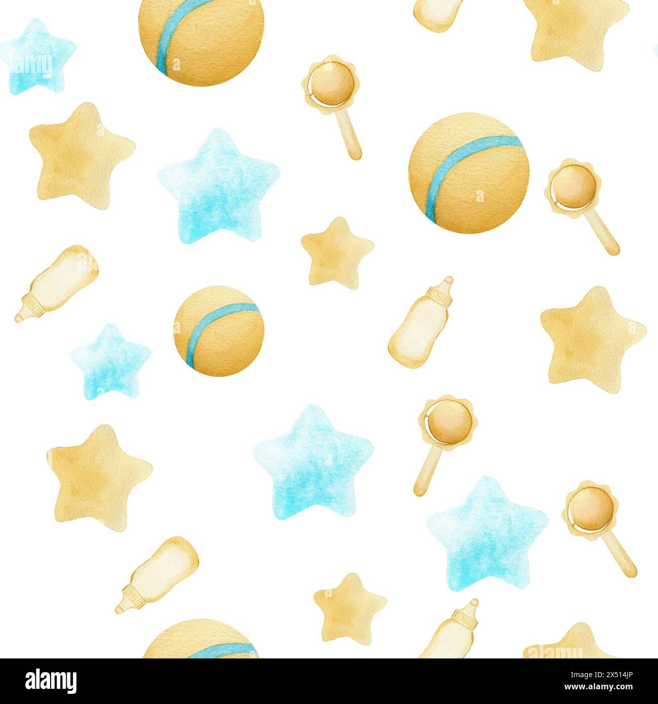 Motivo ad acquerello senza cuciture con giocattoli per bambini, beanbag, biberon e palle. Illustrazione ad acquerello fatta a mano su sfondo bianco. Per l'avvolgimento p Foto Stock