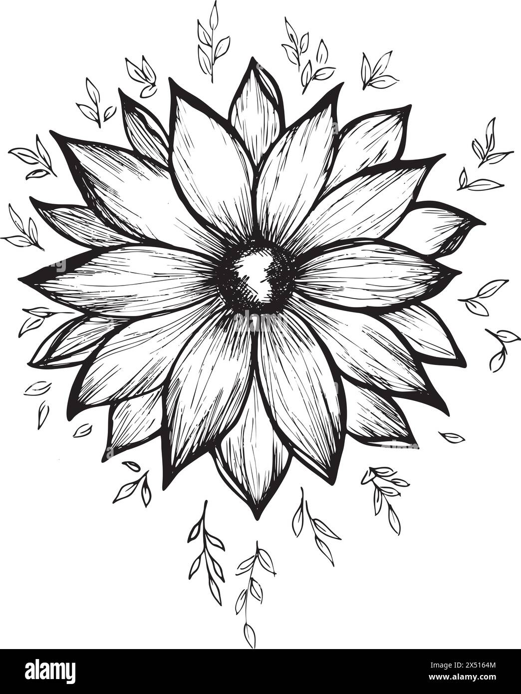 Fiore astratto in stile disegno a linee continue. Schizzo lineare nero isolato su sfondo bianco. Illustrazione vettoriale. Illustrazione Vettoriale