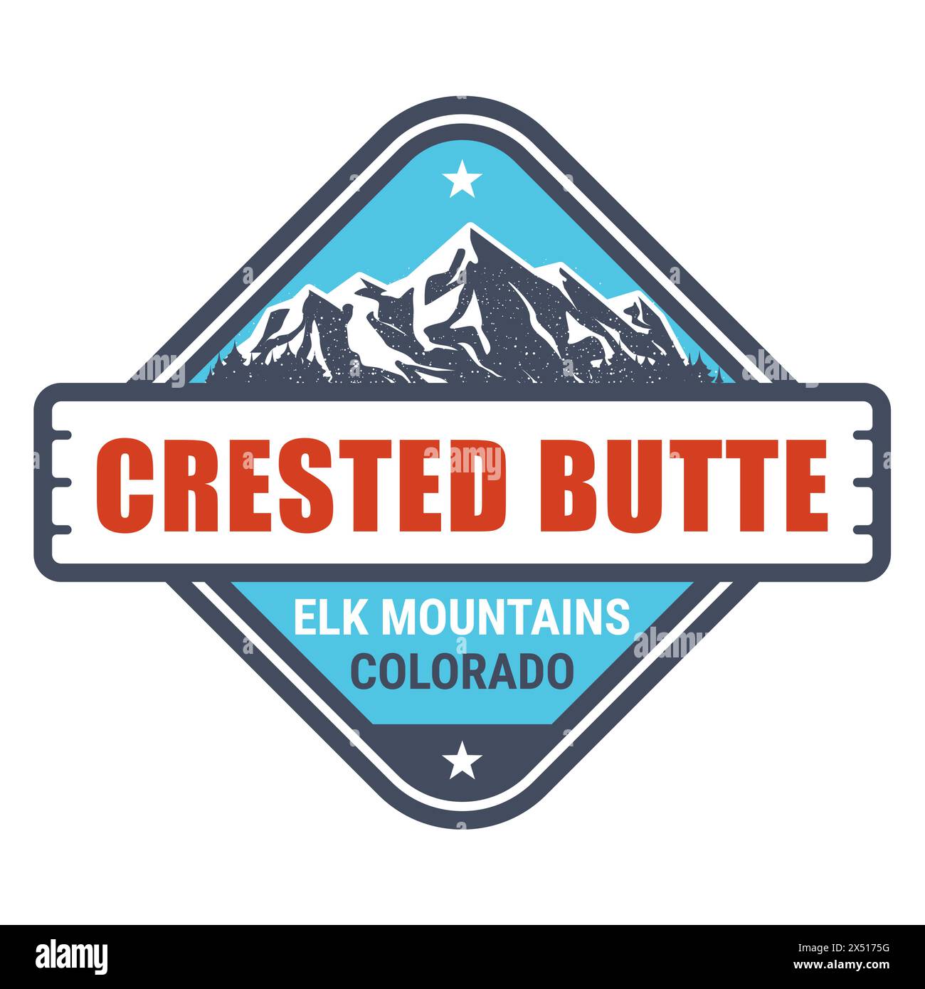 Crested Butte, Colorado - francobollo del resort sulle Elk Mountains, emblema con roccia innevata, vettoriale Illustrazione Vettoriale