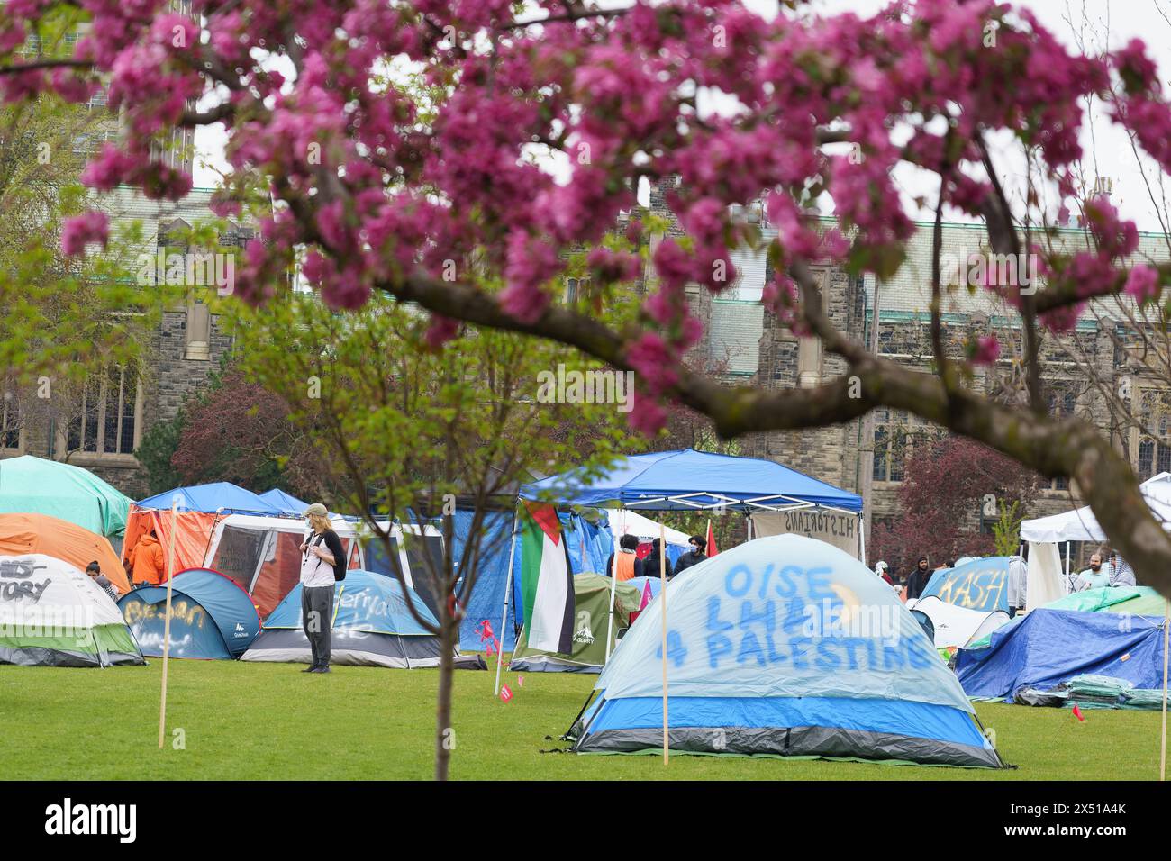 Protesta dell'accampamento a sostegno della causa palestinese durante il conflitto israelo-Hamas a Toronto, Canada - 5 maggio 2024 Foto Stock