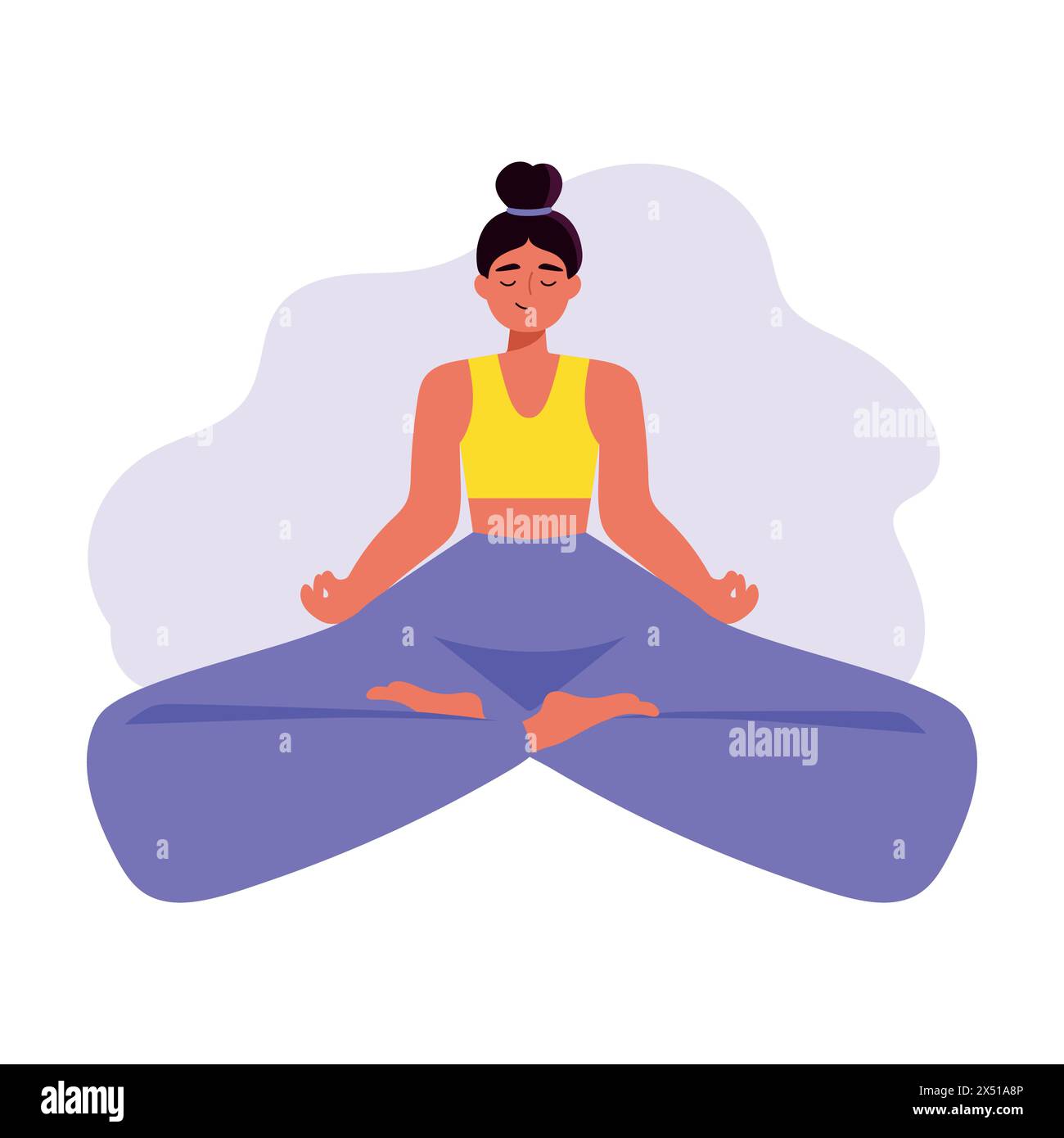 Carina ragazza dei cartoni animati seduta in posa yoga. Meditazione e yoga. Giornata internazionale di yoga. Personaggio femminile che fa yoga. Illustrazione vettoriale Illustrazione Vettoriale