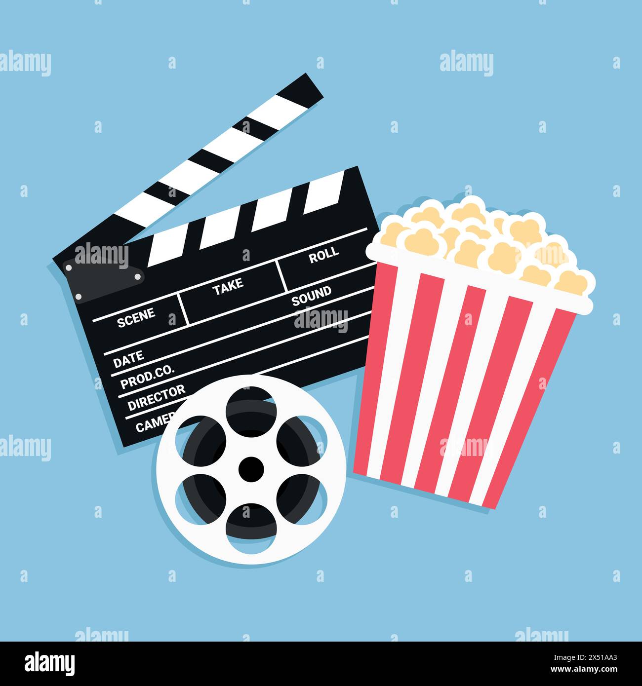 Modello poster filmato. Sfondo cinematografico con un rullo, un secchio per popcorn e una lavagna a fogli mobili. Illustrazione vettoriale in stile piatto Illustrazione Vettoriale