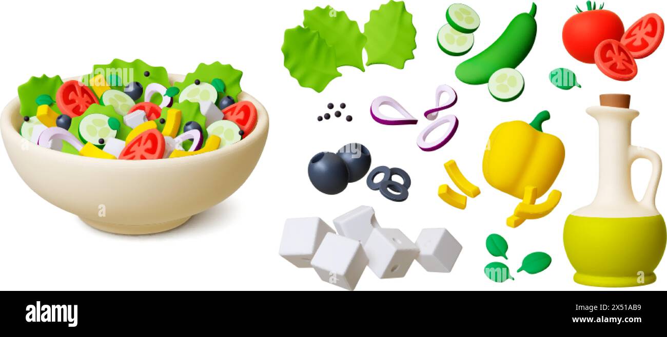 Rendering dell'insalata greca in 3D. Ingredienti di verdure fresche, pomodori, cipolla, olive e olio d'oliva in bottiglia. Cucina mediterranea, pietanze vettoriali Illustrazione Vettoriale