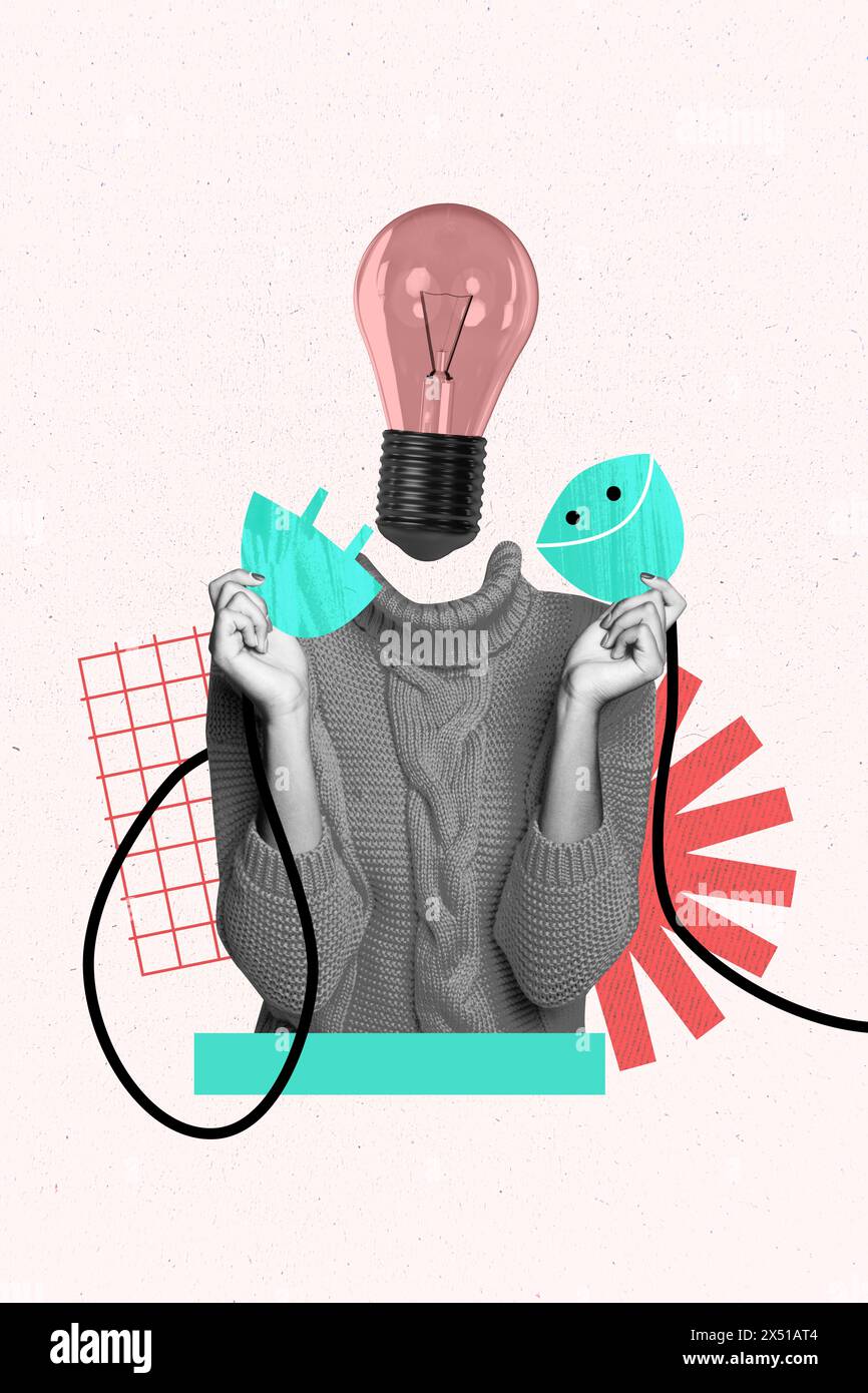 Immagine creativa verticale immagine giovane donna senza testa lampadina lampadina spina elettrica CONNECT Power idea Concept eureka Foto Stock