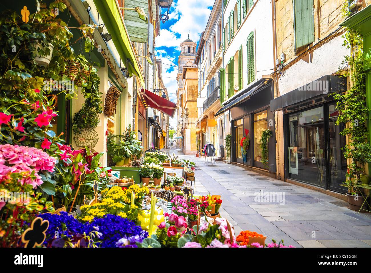 Vista sulla strada dei fiori della città di Arles, a sud della Francia Foto Stock