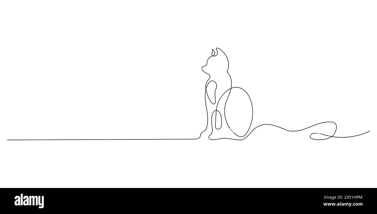 Carino gatto, animaletto online oggetti vettoriali disegnati a mano. Il gatto è seduto sul pavimento. Carino gattino con una linea d'arte. Illustrazione vettoriale Illustrazione Vettoriale