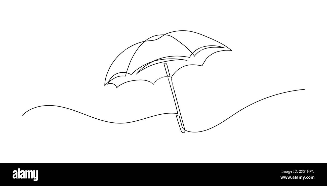 disegno continuo di un ombrello su sfondo bianco. Icona piatta vettoriale minimalista. Accessorio per la pioggia Illustrazione Vettoriale