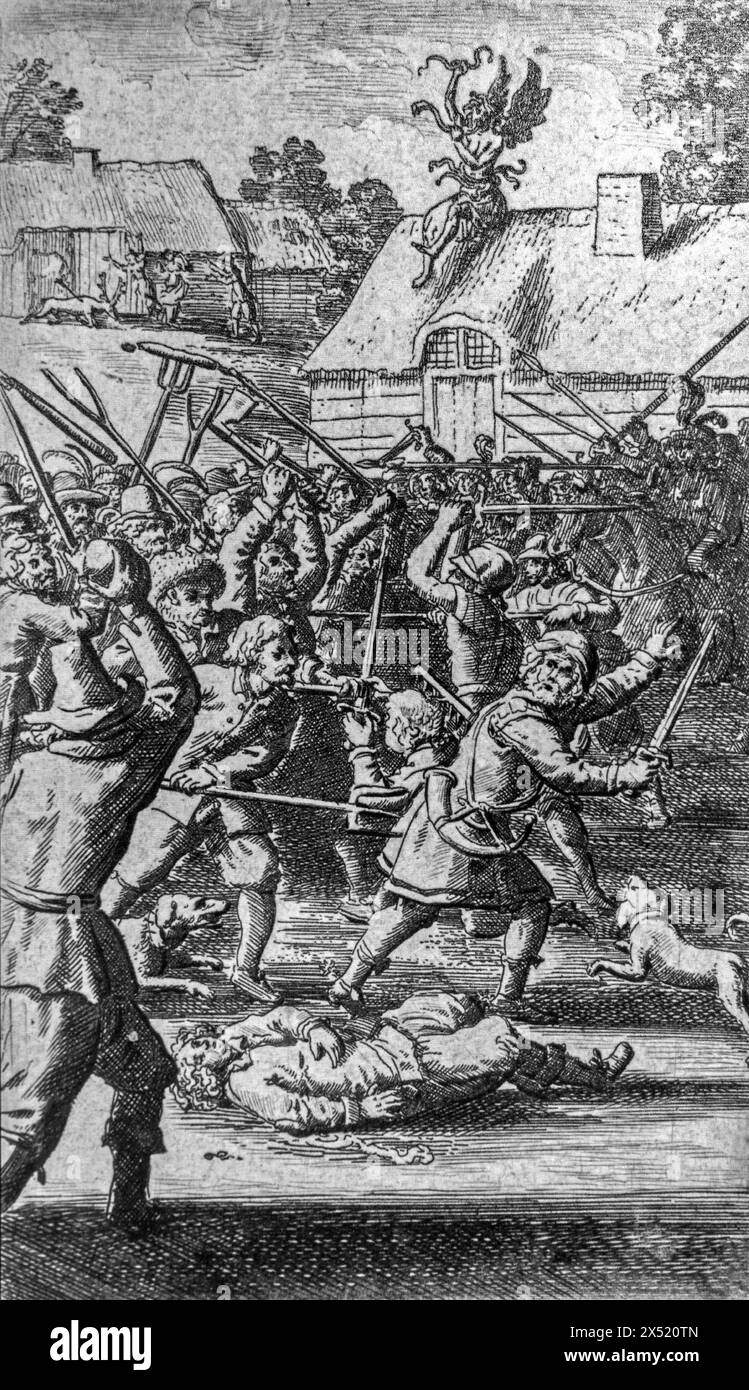 I contadini resistono al saccheggio dei soldati, incisione del XVII secolo dell'incisore e predicatore olandese Abraham Dircksz van Santvoort, Paesi Bassi Foto Stock