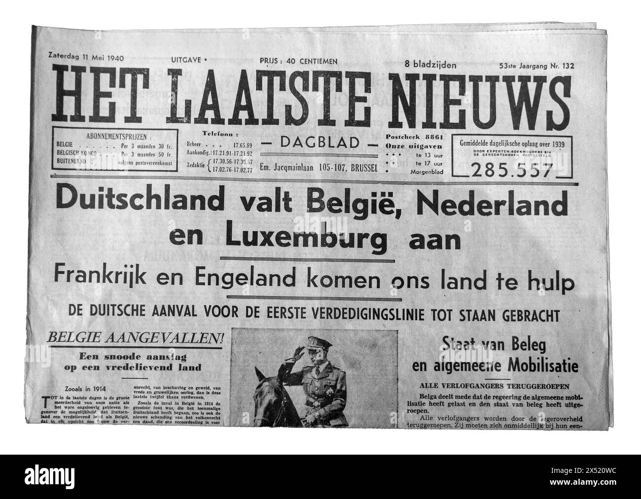 11 maggio 1940 il giornale fiammingo Het Laatste Nieuws annuncia l'invasione tedesca del Belgio, dei Paesi Bassi e del Lussemburgo, dando inizio alla seconda guerra mondiale in Europa Foto Stock