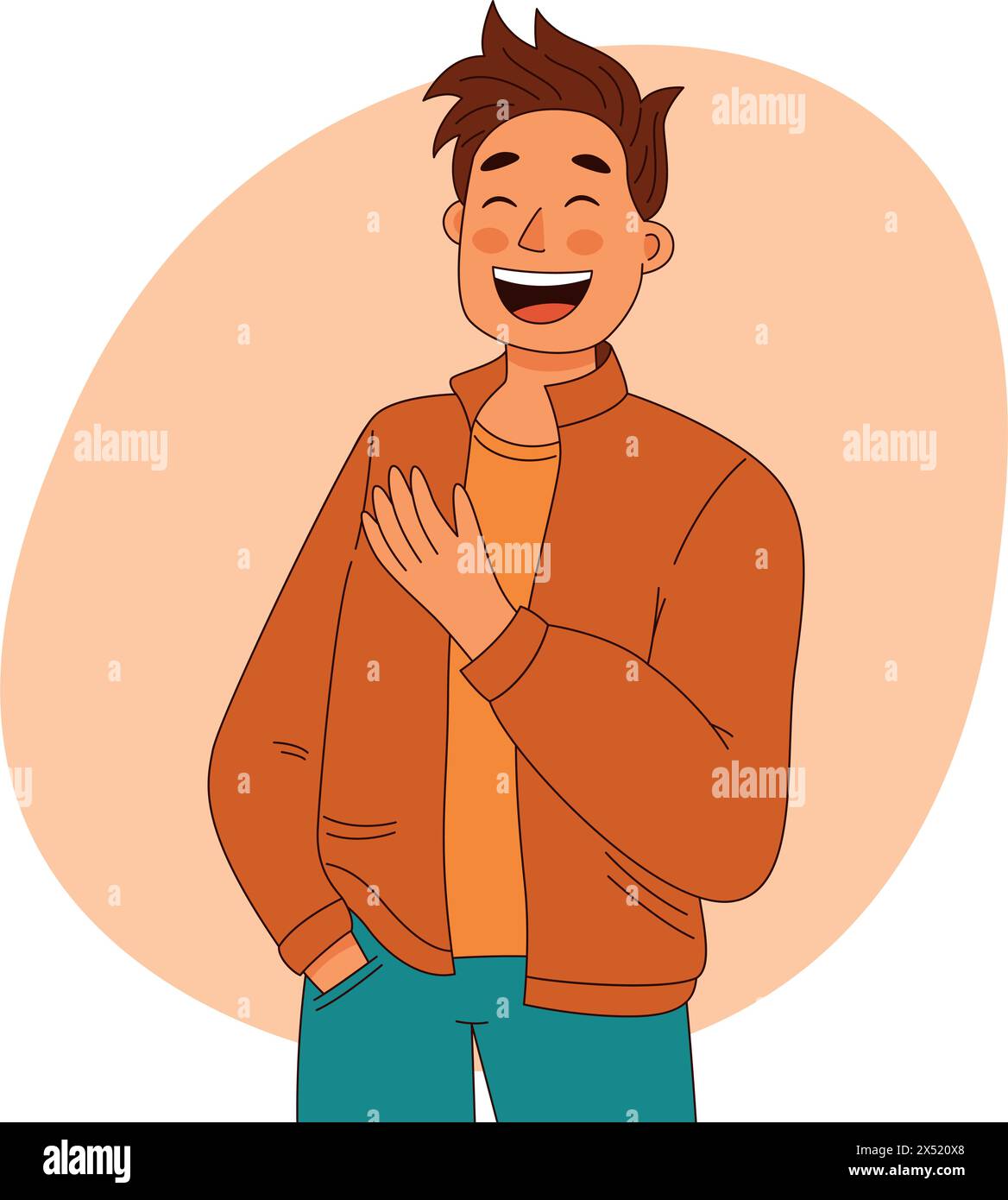 Un uomo esprime gioia ed eccitazione genuina, le sue emozioni sono eccitate e felici Illustrazione Vettoriale