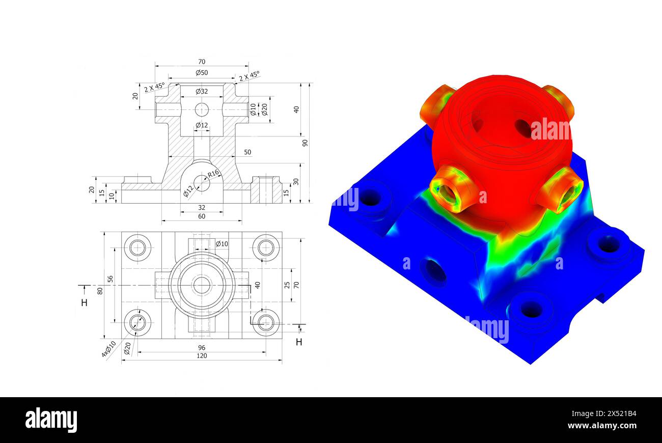 Analisi FEM su giunti meccanici metallici per calcolare resistenza, sollecitazione e forze prima del processo di produzione Foto Stock