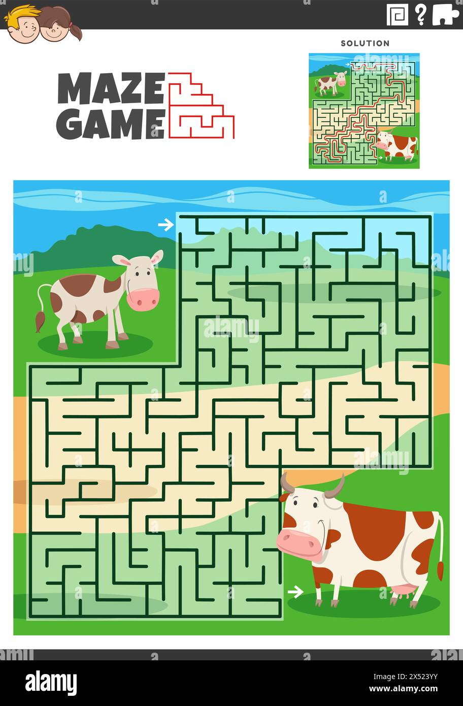 Illustrazione a cartoni animati di un gioco di puzzle labirinto educativo con personaggi di animali della fattoria delle mucche e dei vitelli Illustrazione Vettoriale